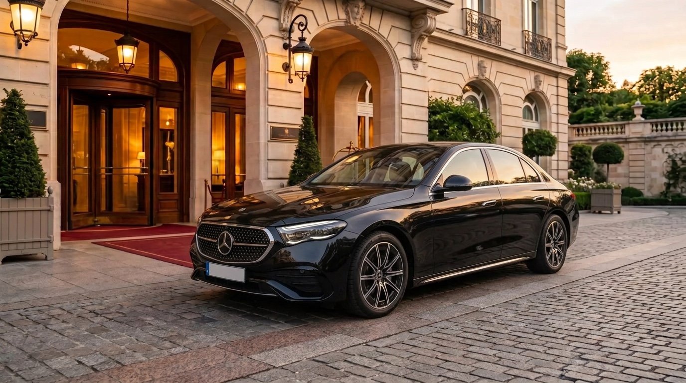 A black Mercedes-Benz saloon waiting on a cobbled forecourt